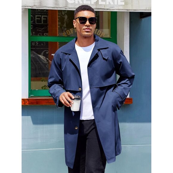 💫 Men Blue Mid Long Trench Coat Single Breasted Slim Fit Casual Fall Jackets - Picture 2 of 5